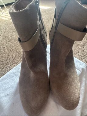 Coach Taupe Suede Ankle Booties with Leather Strap Detail